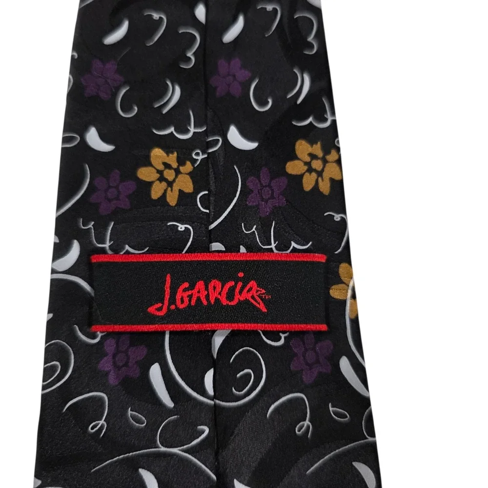 J Garcia Mens Necktie Black Purple Floral Silk 'Airspace' Limited Edition Preppy